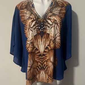 Chico's Blue and Brown Embellished V-Neck Tunic